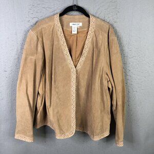 Coldwater Creek Jacket Womens 3X Tan Suede Leather Open Front Lace Trim Boho